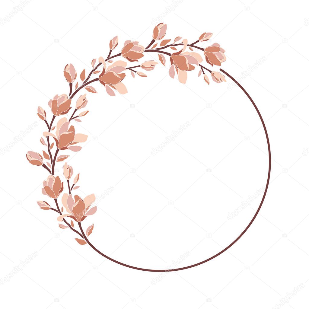 Wreath, floral frame with magnolia branches, flowers, leaves, blooming buds isolated on white. Vector illustration in trendy minimalist style. Template for wedding invitation, greeting card design.