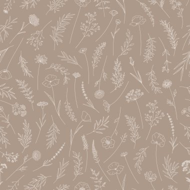 Kır çiçekleriyle kusursuz desen. Çayır otları ve çiçekler. Çiçek vektör çizimi. İnce çizgili zarif botanik baskısı, modern tarz tasarım. Kumaş, paket, paketleme için doğa arkaplanı.