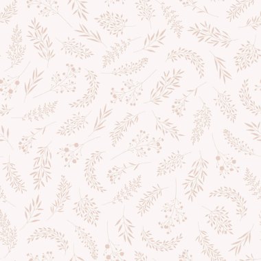 Yapraklı, otlu, kır çiçekli kusursuz desen. Dalların siluetleri, doğal elle çizilmiş çevre dostu arka plan. Modern tarzda vektör illüstrasyonu, kumaş, paket, ambalaj için moda baskısı.