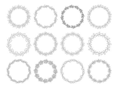 Çiçek desenleri, siyah çizgiler, beyaz üzerine izole edilmiş. Yapraklardan botanik çelenkler, yabani otlar, tasarım projeleri için dallar, düğün süslemeleri. Çelenk çiziyor. Vektör illüstrasyonu.