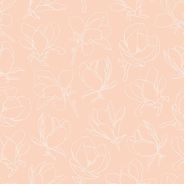 Seamless pattern with magnolia flowers. Modern minimalistic style, white line blooming buds on branches, beige background. Spring floral design for textile, package, wedding decor. Vector illustration