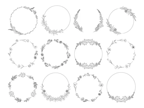 Bloemenkransen Gezet Zwarte Lijn Kunstslingers Geïsoleerd Wit Botanische Frames Van — Stockvector