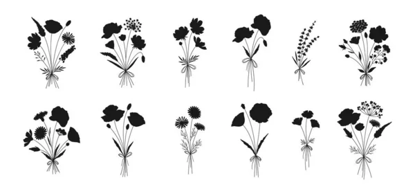 Wildbloem Boeketten Set Met Hand Getekende Bloemen Silhouetten Poppy Kamille — Stockvector