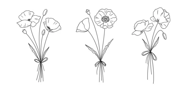 Poppies Ανθοδέσμες Σετ Χειροποίητα Ζωγραφισμένα Λουλούδια Λιβαδιών Για Σχέδια Floral — Διανυσματικό Αρχείο