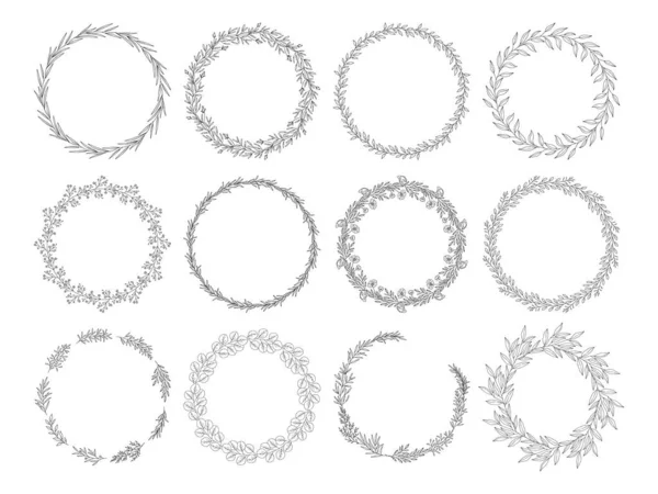 花のフレームセット 黒の輪郭は 白に隔離されます 花の植物の花輪 野生のハーブ デザインプロジェクトのための枝 結婚式の装飾 スケッチ ガーランド ベクターイラスト — ストックベクタ