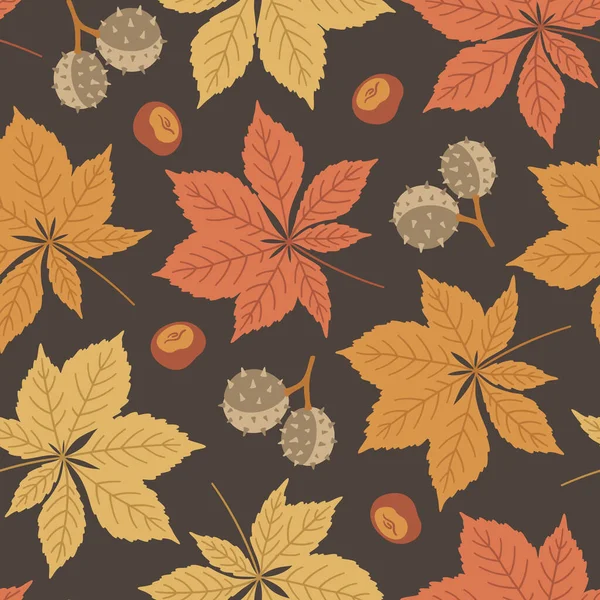 Autumn Seamless Pattern Horse Chestnut Leaves Seeds Vector Illustration Brown — Stock Vector