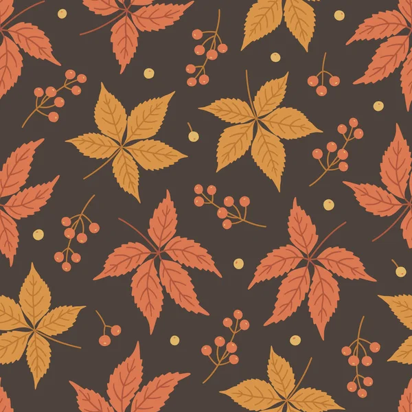 Autumn Seamless Pattern Virginia Creeper Leaves Berries Vector Illustration Brown — Stock Vector
