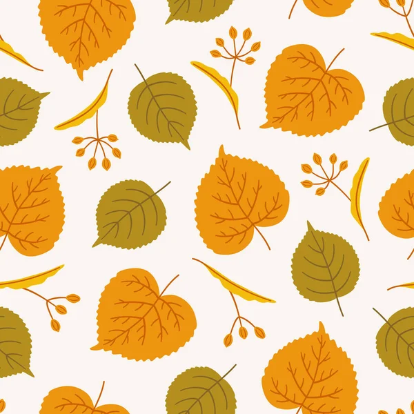 Autumn Seamless Pattern Cute Linden Leaves Seeds Vector Illustration White — Stock Vector