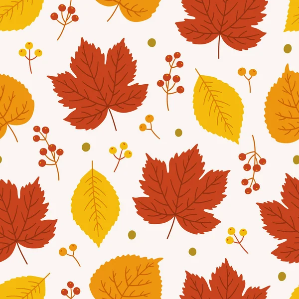 Autumn Seamless Pattern Maple Linden Leaves Some Berries Vector Illustration — Stock Vector