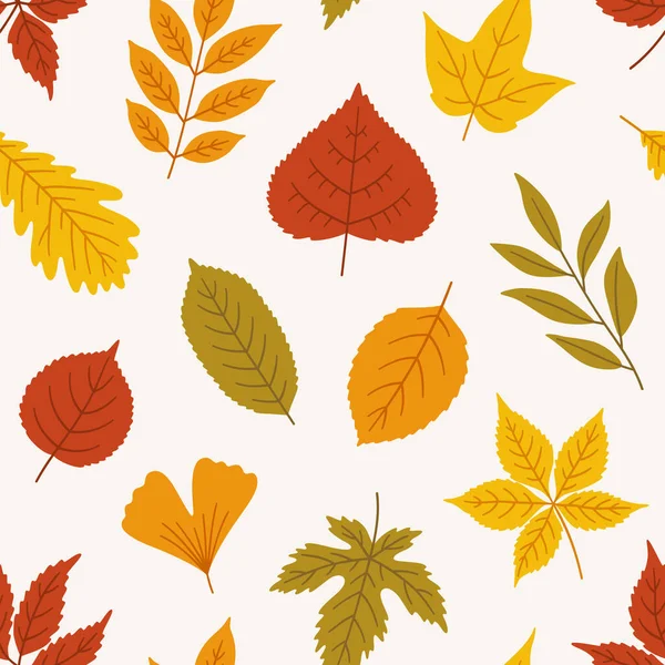 Бесшовный Осенний Узор Листьями Клена Дуба Липы Ясеня Тополя Гинкго — стоковый вектор