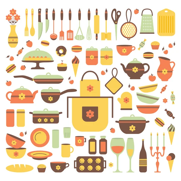 Conjunto de utensílios de cozinha e alimentos . — Fotografia de Stock