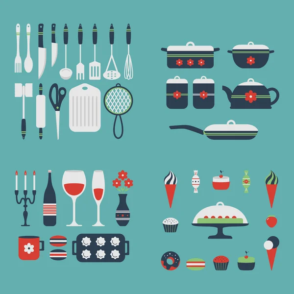 Conjunto de utensílios de cozinha e alimentos . —  Vetores de Stock