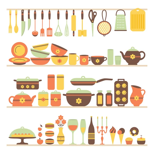 Juego de utensilios de cocina y comida . — Vector de stock