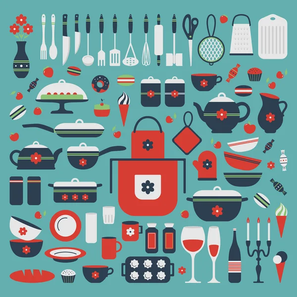 Set of kitchen utensils and food. — Stock Vector