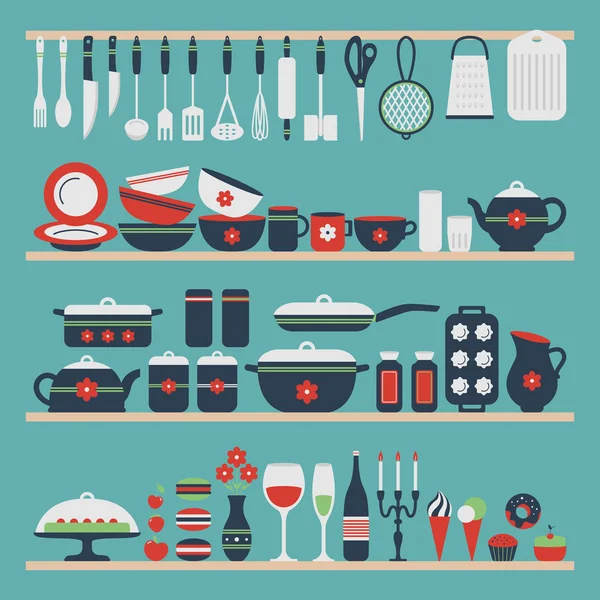 Juego de utensilios de cocina y comida . — Vector de stock