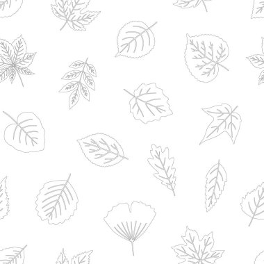 Seamless pattern with black contour leaves on white background - leaf of maple, linden, aspen, ginkgo, and others. Print for textile, package, and wrapping paper. Vector illustration, line art style