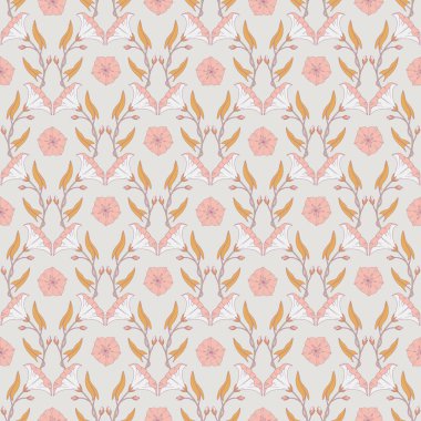Seamless pattern with convolvulus plant, its flowers, and leaves. Retro template for prints. Grey background. Vector illustration