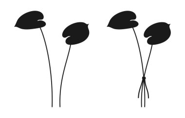 Set of bouquets of anthurium flowers silhouettes in black color on white background. Bunches of delicate wildflowers. Vector illustration for design projects