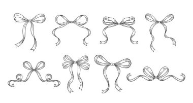 Coquette bows set. Black line art drawings. Sketches a vintage tied ribbon. Wedding, birthday, Valentine's gift in retro style. Cute girly hairstyle accessories, vector illustration. Doodle lace.