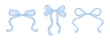 Coquette blue bows set. Line art drawings, vintage whimsical ribbons. Birthday, Wedding gift in retro style. Baby shower decoration, boy, cute design. Doodle lace, vector illustration.