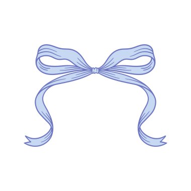 Coquette estetik mavi fiyonk. Bebek partisi dekorasyonu için şirin bir kurdele çiziyorum. Düğün, sevgililer günü, doğum günü hediyesi. Çerçeve hatları. Retro stili kız vektör çizimi.