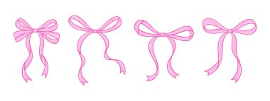 Coquette pembe kurdeleler hazır. Sevimli el yapımı klasik kurdeleler. Doğum günü, düğün, eski tarz sevgililer günü hediyesi. Bebek partisi dekorasyonu, kızım, romantik tasarım. Doodle danteli, vektör illüstrasyonu.