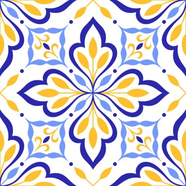 Mediterranean blue yellow seamless pattern. Ethnic mosaic design. Portuguese, Italian, Spanish, Sicilian motifs. Floral ornament, graphic print for home textile or ceramic tile. Vector illustration