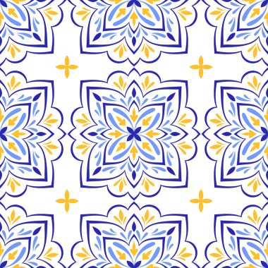 Akdeniz mavisi, sarı, pürüzsüz desen. Etnik mozaik tasarımı. Azulejo, talavera, ya da majolica motifleri. Portekizce, İtalyanca, İspanyolca, Sicilya fayansı. Çiçek süsü. Vektör illüstrasyonu