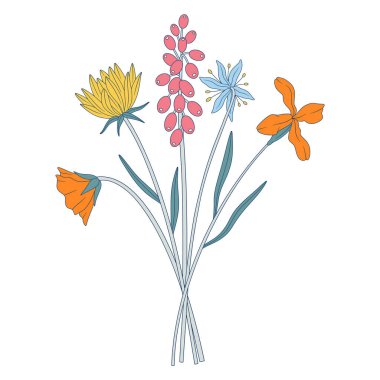 Parlak kır çiçekleri. Bir sürü muscari, kartopu, farklı çayır çiçekleri ve çiçek açan yabani bitkiler. Tasarım projeleri için botanik el yapımı elementler. Vektör illüstrasyonu