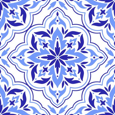 Akdeniz desenli, mavi renklerde, pürüzsüz desen. Etnik azulejo fayansları, Portekizce, Sicilyaca, İtalyanca, İspanyolca motiflerin mozaik tasarımı. Ev yapımı tekstil ya da seramik için süs. Vektör illüstrasyonu