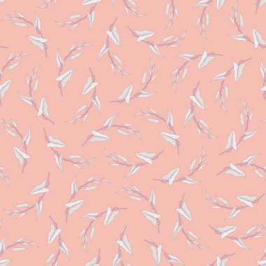 Sapları ve kıvrımlı yaprakları olan kusursuz bir desen. Moda baskıları için yosun bitkisi şablonu. Pembe arka plan. Vektör illüstrasyonu