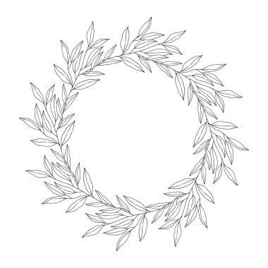 Yapraklardan, yabani otlardan, dallardan ve dallardan oluşan çiçek demeti. Botanik çelenk, siyah çizgili, beyaz üzerine izole edilmiş. Düğün dekorasyonu ve tasarım projeleri için yuvarlak çizim çelengi. Vektör illüstrasyonu