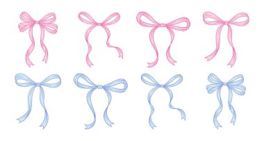 Coquette pembe ve mavi fiyonk seti. Güzel çizimler, klasik kurdeleler. Doğum günü, düğün, eski tarz sevgililer günü hediyesi. Bebek partisi süslemeleri, kız ya da erkek. Romantik tasarım, vektör çizimi.