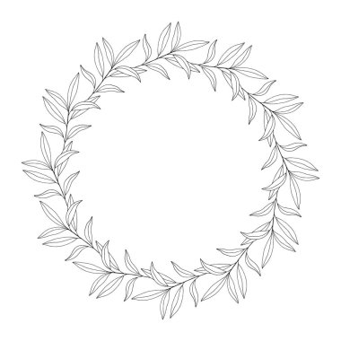 Yapraklardan, yabani otlardan, dallardan ve dallardan oluşan çiçek demeti. Botanik çelenk, siyah çizgili, beyaz üzerine izole edilmiş. Düğün dekorasyonu ve tasarım projeleri için yuvarlak çizim çelengi. Vektör illüstrasyonu