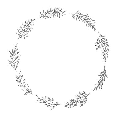 Yapraklardan, yabani otlardan, dallardan ve dallardan oluşan çiçek demeti. Botanik çelenk, siyah çizgili, beyaz üzerine izole edilmiş. Düğün dekorasyonu ve tasarım projeleri için yuvarlak çizim çelengi. Vektör illüstrasyonu