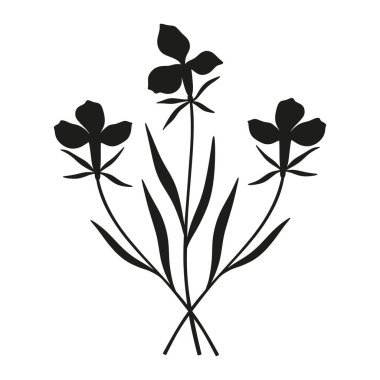 Üç egzotik çiçeğin buket silueti. Yaprakları olan, çok uzun ömürlü bir grup yabani bitki, asgari düzeyde. Tasarım projeleri için botanik el yapımı elementler. Vektör illüstrasyonu
