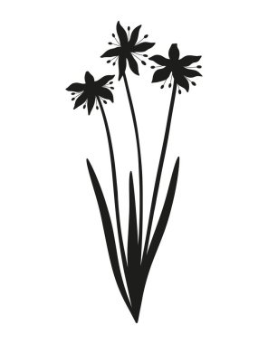 Kar damlaları buket silueti. Bir demet kır çiçeği, daimi yabani bitkiler, minimal stil, siyah renk. Tasarım projeleri için botanik el yapımı elementler. Vektör illüstrasyonu