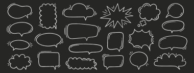Konuşma baloncukları ayarlandı. Sohbet kutuları. Çizgili tebeşirle çizilmiş çerçeveler. Çocuk karalama stili. Diyalog balonu bulutları. Kalem çizimi, beyaz düşünce unsurları, siyah arka plan. Vektör illüstrasyonu