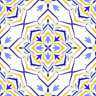 Beyaz arka planda Akdeniz mavisi, sarı, pürüzsüz desen. Geleneksel Portekizce, Fas, Sicilya veya İspanyol motifleri. Geometrik mozaik. Çiçek süsü. Vektör illüstrasyonu