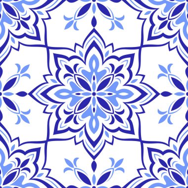 Akdeniz 'in pürüzsüz deseni. Mavi renklerde ve beyaz arkaplanlı Azulejo fayansları. Mozaik tasarımı. Sicilyalı, Portekizli, İtalyan, İspanyol motifleri. Çiçek süsü. Seramik ve tekstil için baskı. Vektör