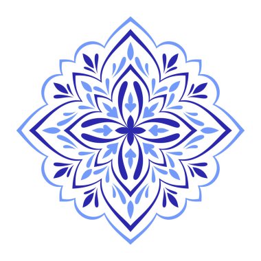 Beyaz arka planda Akdeniz mavisi çiçek motifi. Seramik için etnik tasarım. Geleneksel Portekizli, Sicilyalı, İspanyol aksesuarı. Vektör illüstrasyonu