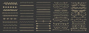 Boya kalemleri büyür, bölücüler. Karalama tebeşirle dekoratif izler, çizgiler, altı çizili, grevli oklar, yapraklı dallar. El çizimi semboller. Siyah bg üzerinde altın kalem çizimleri. Vektör illüstrasyonu