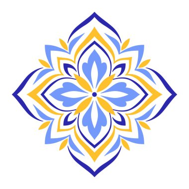 Beyaz arka planda Akdeniz mavisi sarı çiçek motifi. Seramik fayanslar için etnik mozaik tasarımı. Geleneksel Portekizce, Fas, İspanyol aksesuarı. Vektör illüstrasyonu