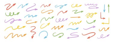 Ok kalemi el çizimi seti. Beyaz arkaplanda renkli dalgalı çizgiler. Tebeşir, kömür, kalem, pastel karalama yön işaretçileri. Grunge desenli vuruşlar, altçizgiler. Serbest kavisli oklar. Vektör