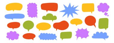 Boya kalemi konuşma balonu seti. Sohbet kutuları. Tebeşir rengi çerçeveler. Çocuk karalama stili. Diyalog balonu siluet bulutları. Kalem çizimi, düşünce unsurları, beyaz arka plan. Vektör illüstrasyonu