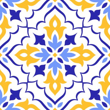 Beyaz arka planda Akdeniz mavisi, sarı, pürüzsüz desen. Geleneksel Portekizce, Fas, Sicilya veya İspanyol motifleri. Geometrik mozaik. Çiçek süsü. Vektör illüstrasyonu