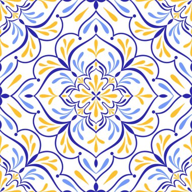 Mediterranean seamless pattern. Tile in blue yellow colors and white background. Mosaic design. Sicilian, Portuguese, Italian, Spanish motifs. Floral ornament. Print for ceramic, textile. Vector