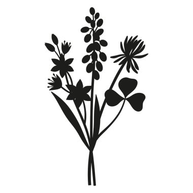 Vahşi çiçekler siluet buketi. El yapımı muscari, yonca, gagea, çayır çiçekleri, otlar ve yabani bitkiler. Tasarım projeleri için botanik elementler. Asgari biçim, vektör illüstrasyonu