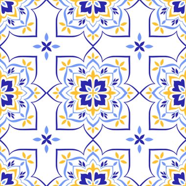 Akdeniz mavisi, sarı, pürüzsüz desen. Etnik halk tasarımı. Azulejo, talavera, majolica motifleri. Portekizce, İtalyanca, İspanyolca, Sicilya fayansı. Çiçek mozaik süsü. El çizimi vektör illüstrasyonu