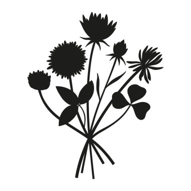 Vahşi çiçekler siluet buketi. El yapımı yonca, çayır çiçekleri, otlar ve yabani bitkiler. Tasarım projeleri için botanik elementler. Asgari biçim, vektör illüstrasyonu